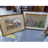 19th.C. ENGLISH SCHOOL. THREE HORSES BY A STABLE, WATERCOLOUR, 17 x 24cms, TOGETHER WITH A RURAL