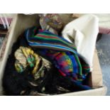 A BOX OF VARIOUS TEXTILES, HANGINGS, THROWS AND TABLE LINEN.