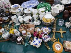 A QUANTITY OF VICTORIAN AND OTHER CHINAWARES, BRASS, PEWTER AND ORNAMENTS, ETC