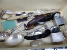 A SMALL COLLECTION OF HALLMARKED SILVER SPOONS, A CAKE KNIFE, NAPKIN RINGS, ETC.