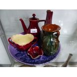 A COLLECTION OF SIX LINTHORPE POTTERY WARES, THE COFFEE POT, A TWO HANDLED BOWL AND SPICE BOWL