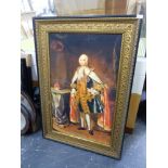 A PAIR OF LARGE DECORATIVE PORTRAIT PICTURES OF A KING AND QUEEN, OVERALL 124 x 85cms (2).