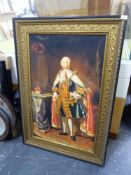 A PAIR OF LARGE DECORATIVE PORTRAIT PICTURES OF A KING AND QUEEN, OVERALL 124 x 85cms (2).