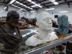 A VINTAGE PLASTER BUST OF BEARDED GENTLEMAN IN PERIOD CLOTHING, TOGETHER WITH A BUST AFTER THE GREEK