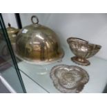 A HALLMARKED SILVER REGENCY STYLE TEAPOT, PLATED MEAT COVER A, SWING HANDLED BASKET, AND EASTERN