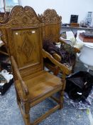 A PAIR OF 17th.C. STYLE WAINSCOTT CHAIRS.