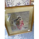 FIVE FRAMED NEEDLEWORK PANELS OF VARIOUS SUBJECTS INCLUDING A VICTORIAN EXAMPLE OF A COURTING
