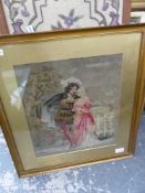 FIVE FRAMED NEEDLEWORK PANELS OF VARIOUS SUBJECTS INCLUDING A VICTORIAN EXAMPLE OF A COURTING