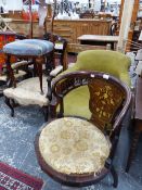 A VICTORIAN TUB ARMCHAIR, AN EDWARDIAN INLAID SALON CHAIR AND TWO OTHERS (4)