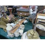 AN ANTIQUE DUTCH STYLE BRASS JARDINIERE, TWO BRASS KETTLES ON STAND, THREE COPPER SAUCEPANS, A TABLE