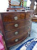 AN EARLY 19th.C. BOW FRONT CHEST OF TWO SHORT AND THREE LONG DRAWERS, 107cm WIDE.