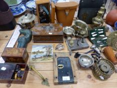 TWO ANTIQUE DOOR LOCKS, A MANICURE SET, A MILBRO MICROSCOPE, DRAUGHT SET, OAK TABLE BOX, ETC.