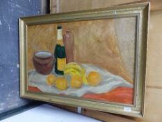 CONTEMPORARY SCHOOL. STILL LIFE, SIGNED INDISTINCTLY, OIL ON BOARD. 52 x 80cms.