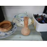 A CHINESE BLUE AND WHITE SHALLOW DISH, TERRACOTTA VESSELS, AND A WORCESTER SAUCE BOAT.