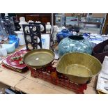 CAST IRON AND BRASS KITCHEN SCALES, MAGAZINE STORAGE BAG, A STANDARD LAMP, LACQUERED PLATES, WINE