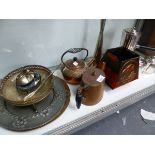 A GROUP OF METAL WARES, INCLUDING AN ART DECO STYLE THREE PIECE COFFEE SET, AN ARTS AND CRAFTS