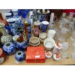 A PAIR OF ORIENTAL SLEEVE VASES, VARIOUS GINGER JARS, DECANTERS, JELLY MOULDS, ETC.