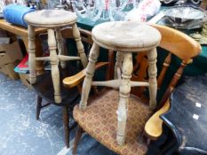 A PAIR OF VINTAGE ELM TOP STOOLS, TWO CHAIRS AND AN OCCASIONAL TABLE.