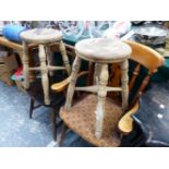 A PAIR OF VINTAGE ELM TOP STOOLS, TWO CHAIRS AND AN OCCASIONAL TABLE.