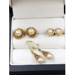 THREE PAIRS OF 9CT YELLOW GOLD AND PEARL EARRINGS.