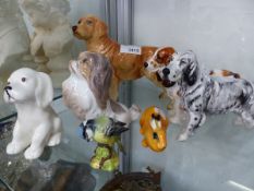 TWO DOULTON DOG FIGURES, A RABBIT, BESWICK BIRD AND PUPPY AND TWO OTHERS.