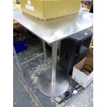 A VINTAGE STAINLESS STEEL BAR TABLE. 60 x 60 x H. 89cms.