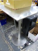 A VINTAGE STAINLESS STEEL BAR TABLE. 60 x 60 x H. 89cms.