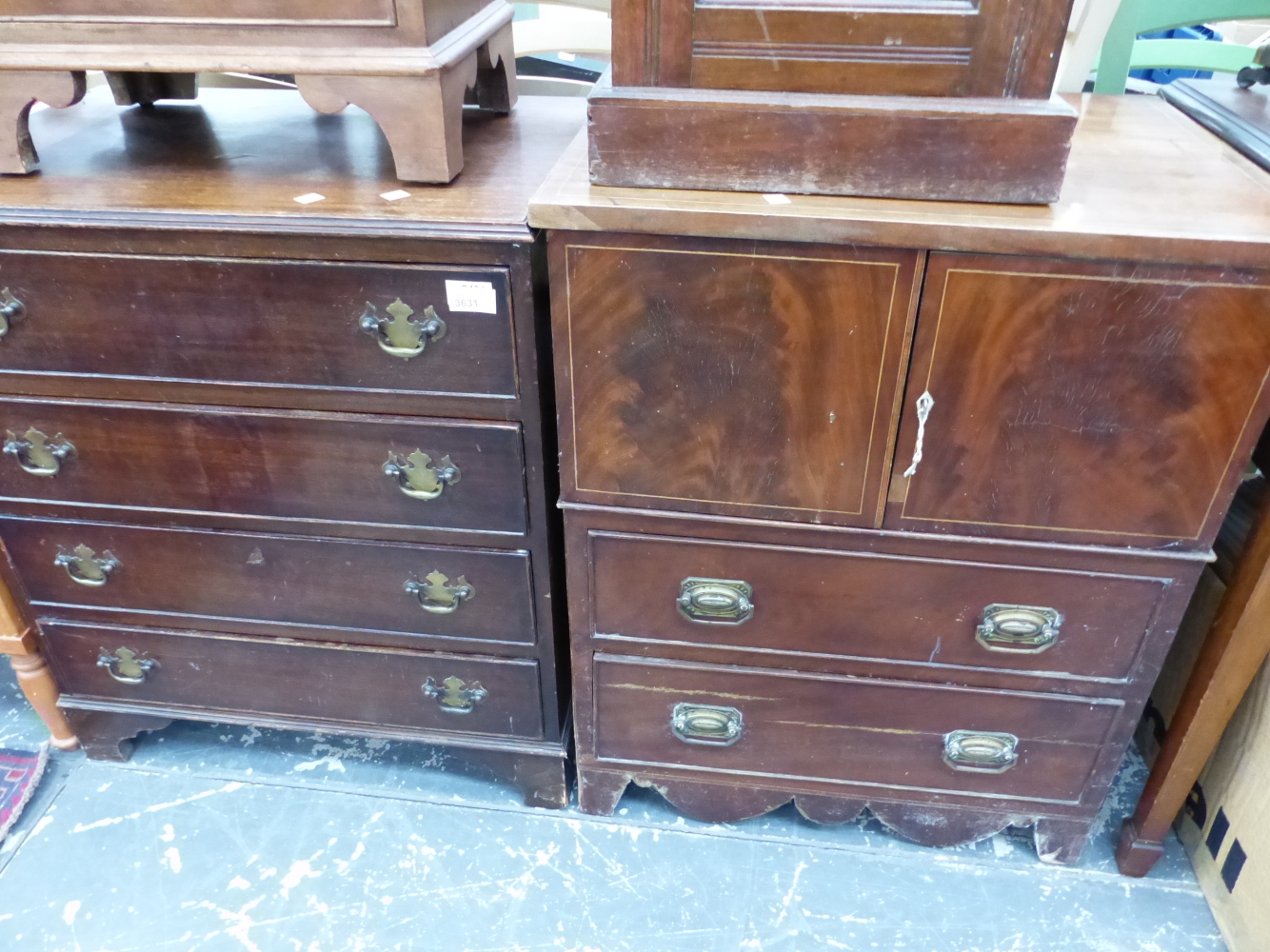 A SMALL MAHOGANY FOUR DRAWER CHEST AND A GEORGE III MAHOGANY NIGHTSTAND (2).