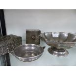TWO ENGLISH PEWTER BOWLS AND TWO BOXES.