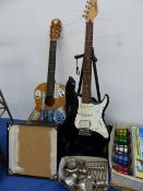 A YAMAHA ELECTRIC GUITAR AND AMP TOGETHER WITH AN ACOUSTIC GUITAR AND A SET OF VINTAGE OUTSIDE