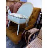 A MAHOGANY FRAME ROCKING CHAIR AND A LOOM BEDROOM CHAIR.