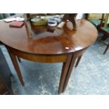 A PAIR OF MAHOGANY 'D' END TABLES ON SQUARE TAPERED LEGS, 115cm WIDE.