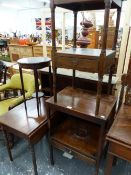 TWO 19th.C. MAHOGANY TWO TIER WASHSTANDS, A LOW DROP LEAF TABLE AND A PLANT STAND (4).