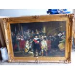 AN IMPRESSIVE DECORATIVE GILT FRAMED PICTURE OF 17th.C. SOLDIERS AND CAVALIERS, 120 x 180cms.