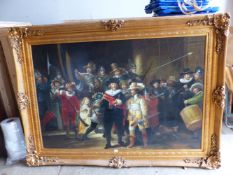 AN IMPRESSIVE DECORATIVE GILT FRAMED PICTURE OF 17th.C. SOLDIERS AND CAVALIERS, 120 x 180cms.