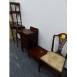 AN EDWARDIAN INLAID SIDE CHAIR, A BEDSIDE CABINET, A KETTLE STAND AND THREE OCCASIONAL TABLES (6).