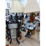 A PAIR OF TABLE LAMPS, A LARGE BRASS TABLE LAMP, SMALL ART DECO STYLE LAMP, AND AN ORIENTAL LANTERN.