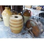 A LARGE TWO TONE FLAGON INSCRIBED CITY BREWERY COMPANY LICHFIELD LTD, TWO POTTERY BARRELS, A PLAIN