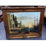 A LARGE GILT FRAMED DECORATIVE PICTURE OF A CLASSICAL PORT SCENE. OVERALL 104 x 128cms.