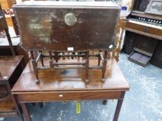 A GEORGE III MAHOGANY FOLDOVER TEA TABLE AND A SMALL SUTHERLAND TABLE.