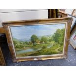 A DECORATIVE PICTURE OF A RURAL VILLAGE BY A RIVER, SIGNED GARY MILLER. 51 x 76cms.