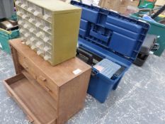 A HARDWOOD NEST OF TOOL DRAWERS, A TOOL BOX ETC.