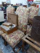 A SET OF FOUR HIGH BACK DINING CHAIRS AND SIMILAR STOOL.