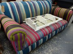 A LARGE EARLY 20th.C. SOFA WITH STRIPE UPHOLSTERY.