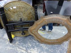 A BENARES TABLE AND A BRASS FRAME MIRROR.