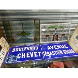 TWO FRENCH ROADSIGNS, TWO STAINED GLASS WINDOW PANELS, ORNAMENTAL SIGNS ETC.