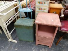 A LLOYD LOOM BEDSIDE CABINET, LAUNDRY BOX, TWO NESTS OF DRAWERS, WHATNOT AND TOWEL RAIL.