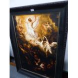 A DECORATIVE RELIGIOUS PICTURE IN MOULDED FRAME (FRAME 112cm HIGH x 79cm WIDE).