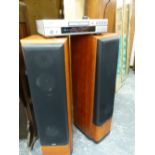 A PAIR OF JAMO FLOOR SPEAKERS AND A DENON DVD PLAYER (NO CABLES).