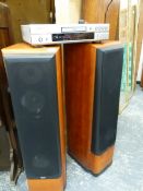 A PAIR OF JAMO FLOOR SPEAKERS AND A DENON DVD PLAYER (NO CABLES).